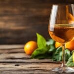 Glass of orange wine sits on wooden table with fresh oranges and leaves beside it